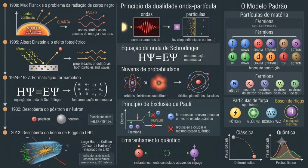 Infográfico abrangente sobre Física Quântica dividido em três colunas: uma linha do tempo histórica de Max Planck ao Bóson de Higgs, os princípios fundamentais como a dualidade onda-partícula e a Equação de Schrödinger, e a tabela de classificação das partículas no Modelo Padrão.