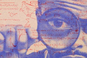 Ilustração artística com textura risograph mostrando o olhar analítico de um homem em tons de azul, sobreposto por uma complexa rede de equações físicas, diagramas lógicos e gráficos matemáticos em vermelho.